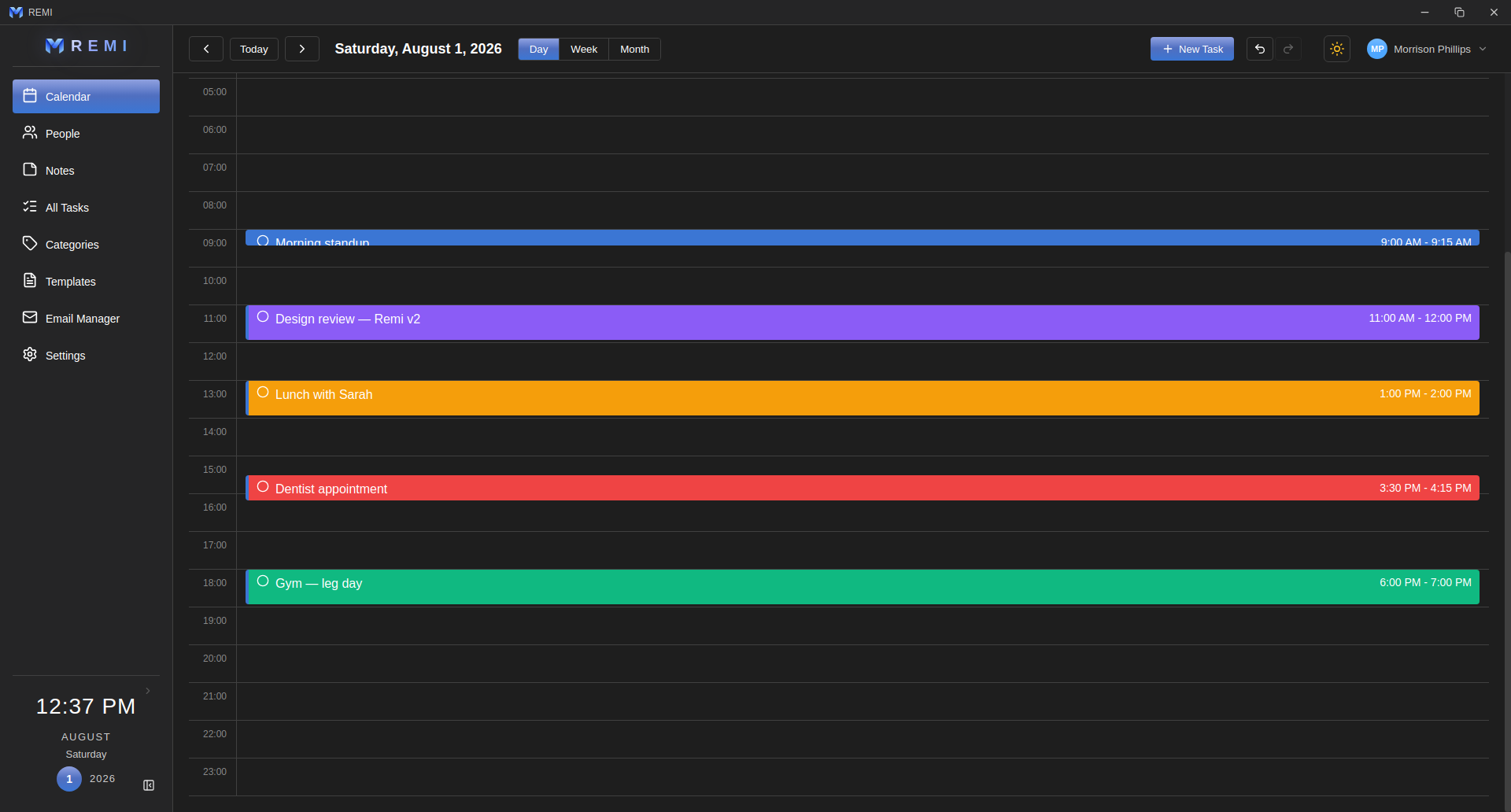 Remi desktop — day timeline with tasks across the hours
